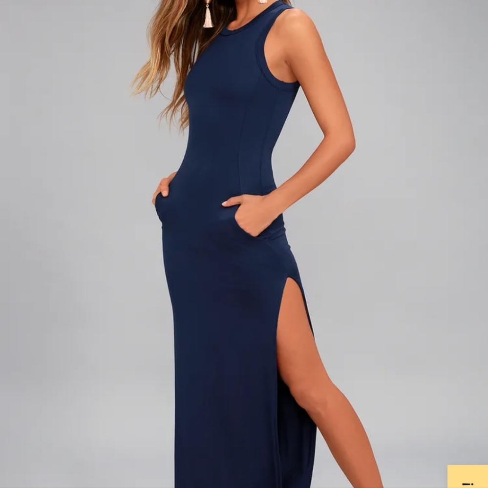 Lulu's Shield and Sword Navy Blue Sleeveless Maxi Dress